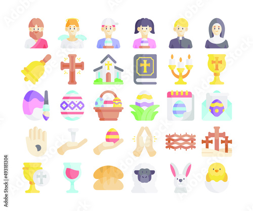 Simple set of 30 Easter icons in detailed flat style