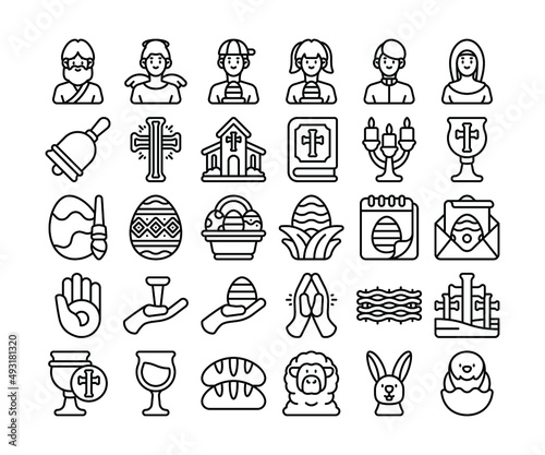 Simple set of 30 Easter icons in detailed outline style