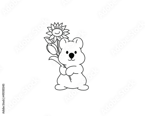 Vector isolated cute cartoon hamster or chinchilla with flower bouquet colorless black and white contour line drawing