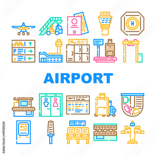 Airport Electronic Equipment Icons Set Vector. X-ray Security Technology For Scanning Traveler Baggage And Arch Metal Detector, Scales And Ladder, Terminal And Waiting Hall Color Illustrations