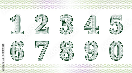 Guilloche numbers or letters with diploma certificate money grid texture.