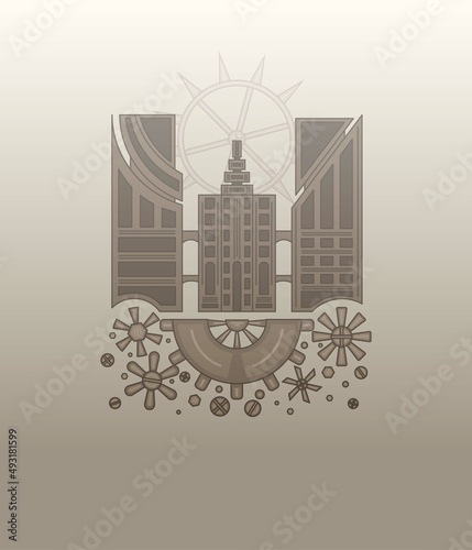 Mechanical city in the style of steampunk.