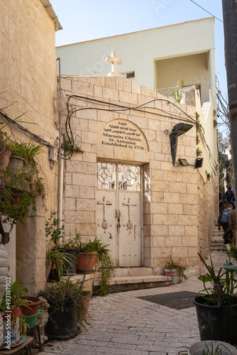 Fototapeta Naklejka Na Ścianę i Meble -  The entrance to the Maronite church of St. Antonius in old part of Nazareth, northern Israel