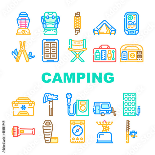 Camping Hiker Tool And Gadget Icons Set Vector. Camping Trailer And Furniture, Freezer Bag And Mobile Shower, Multifunctional Survival Bracelet And Backpack Camper Accessory Color Illustrations
