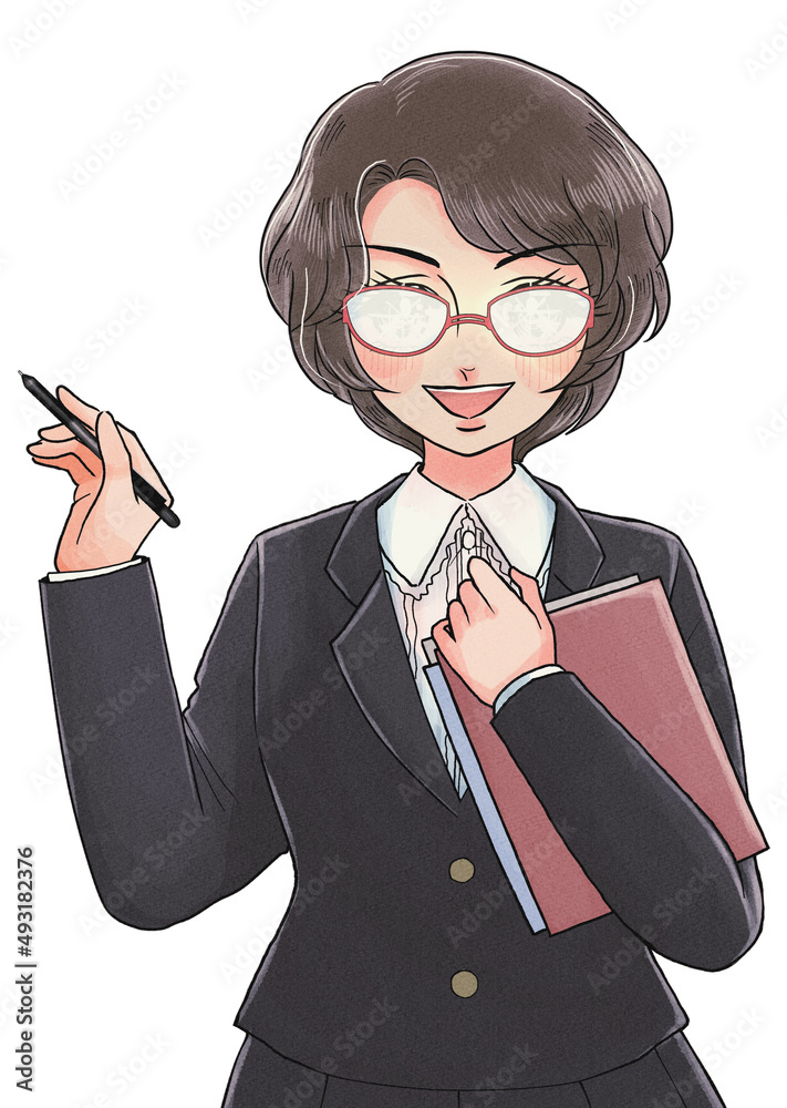 レトロ漫画風・ペンで指し示す眼鏡スーツ姿の教師 Stock Illustration | Adobe Stock