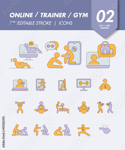 Online exercise icon with trainer teaching. Modern gym way. New normal. Simple Minimal Pictogram