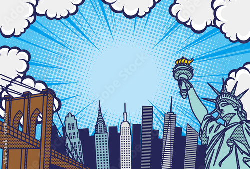 ポップアート風のニューヨークの街並み背景イラスト