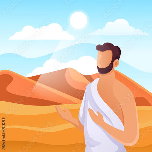 Muslims wukuf pray on Islamic hajj pilgrimage. Flat vector illustration