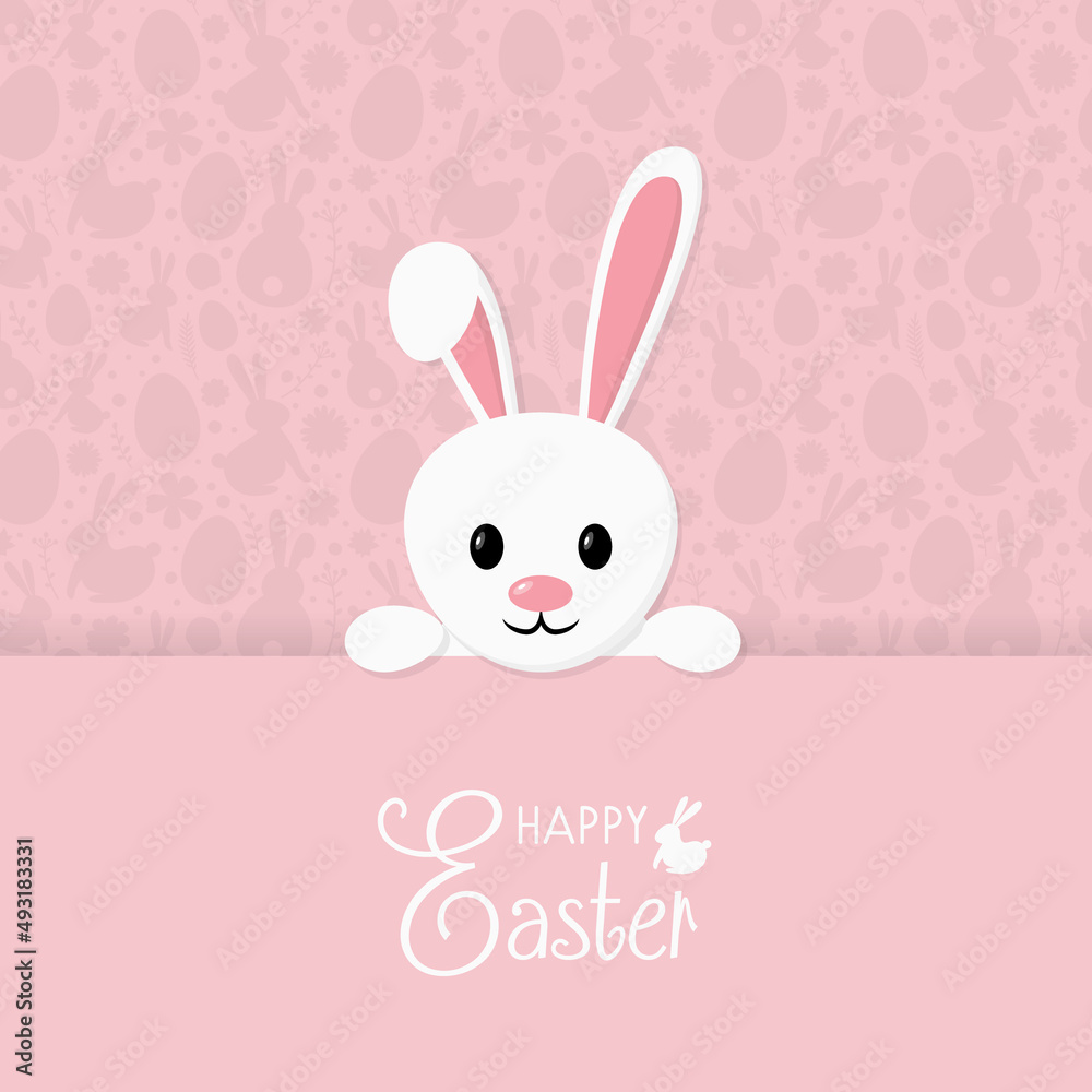 Fototapeta premium Easter composition with cute bunny on pink background. Greeting card. Vector