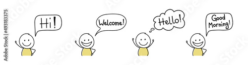 Smiley hand drawn character with greeting - welcome, hello, hi, good morning. Vector