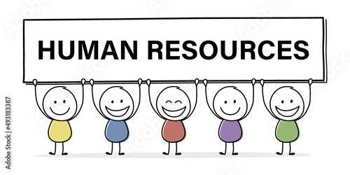 Happy stickman with text on a board - human resources. Vector