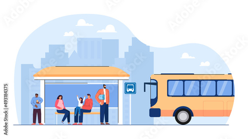 Cartoon people waiting for public transport at bus stop. Passengers before getting into vehicle flat vector illustration. Transportation concept for banner, website design or landing web page