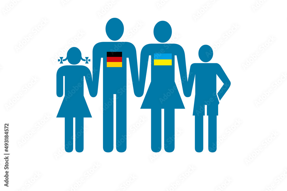Symbol einer Familie mit Vater, Mutter, Tochter, Sohn und einer deutschen und ukrainischen Flagge. Konzept Ehe über Ländergrenzen hinaus Symbol einer Familie mit Vater, Mutter, Tochter, Sohn und einer deutschen und ukrainischen Flagge. Konzept Ehe über Ländergrenzen hinaus