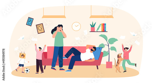 Tired mother and father with three happy children and dog. Big family with parents and kids flat vector illustration. Family, stress, parenting concept for banner, website design or landing web page