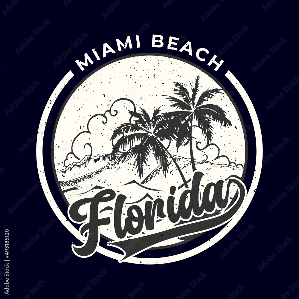 Miami Beach, Florida State - vintage for design clothes, t-shirts with palm trees and waves. Graphics for print product, apparel. Vector illustration.