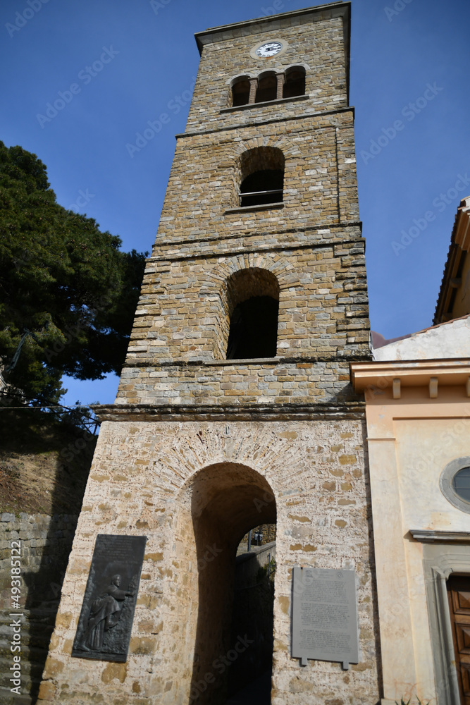 The bell tower of the cathedral of Castellabate, town in Salerno province, Italy.
