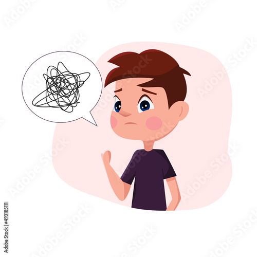Mental health concept. The little boy is upset or sad. Concept of orphan kid. Vector illustrations on white background.