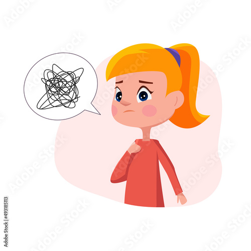 Mental health concept. The little girl is upset or sad. Concept of orphan kid. Vector illustrations on white background.