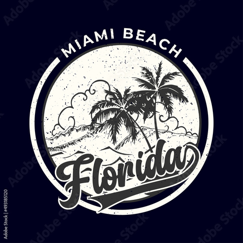 Miami Beach, Florida State - vintage for design clothes, t-shirts with palm trees and waves. Graphics for print product, apparel. Vector illustration.