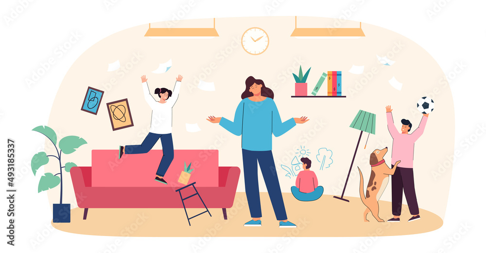 Chaos in room with calm mother and adorable naughty children. Female person with mischievous kids flat vector illustration. Family, motherhood concept for banner, website design or landing web page