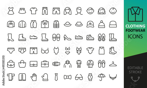 Clothing and footwear isolated icons set. Set of fashion clothes and goods, sexy lingerie and underwear, stylish accessories, hats, running boots, shoes, apparel, sport suit, garment vector icons
