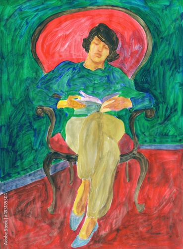 watercolor painting. woman with book. illustration. 
