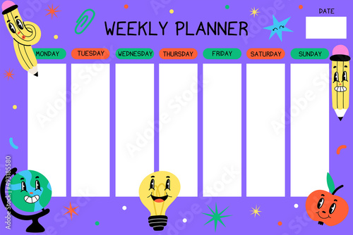 Kids weekly planner. Funny cartoon characters, notebook sheet template, poster for kids, childish stationery design, hand drawn abstract faces bright colors, trendy vector comic flat isolated concept