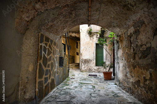 A narrow street among the old stone houses of Castellabate, town in Salerno province, Italy. 