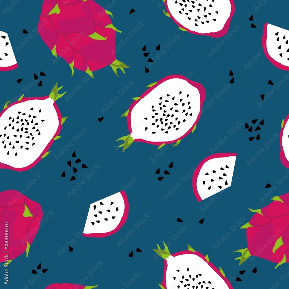 Simple seamless dragon fruit pattern on blue background. An illustration of an exotic tropical pitai. Fashionable print for textiles, wallpaper and packaging. Simple seamless dragon fruit pattern on blue background. An illustration of an exotic tropical pitai. Fashionable print for textiles, wallpaper and packaging.