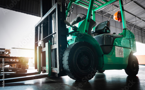 Forklift Tractor Loader Parked at the Warehouse. Forklift Truck.