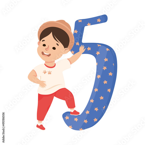 Little Boy with Huge Number Five or Numeral Learning Basic Counting Vector Illustration