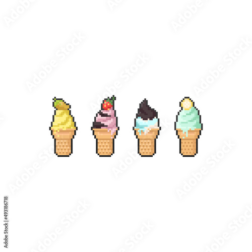 Pixel art set of pastel ice cream cone icon.