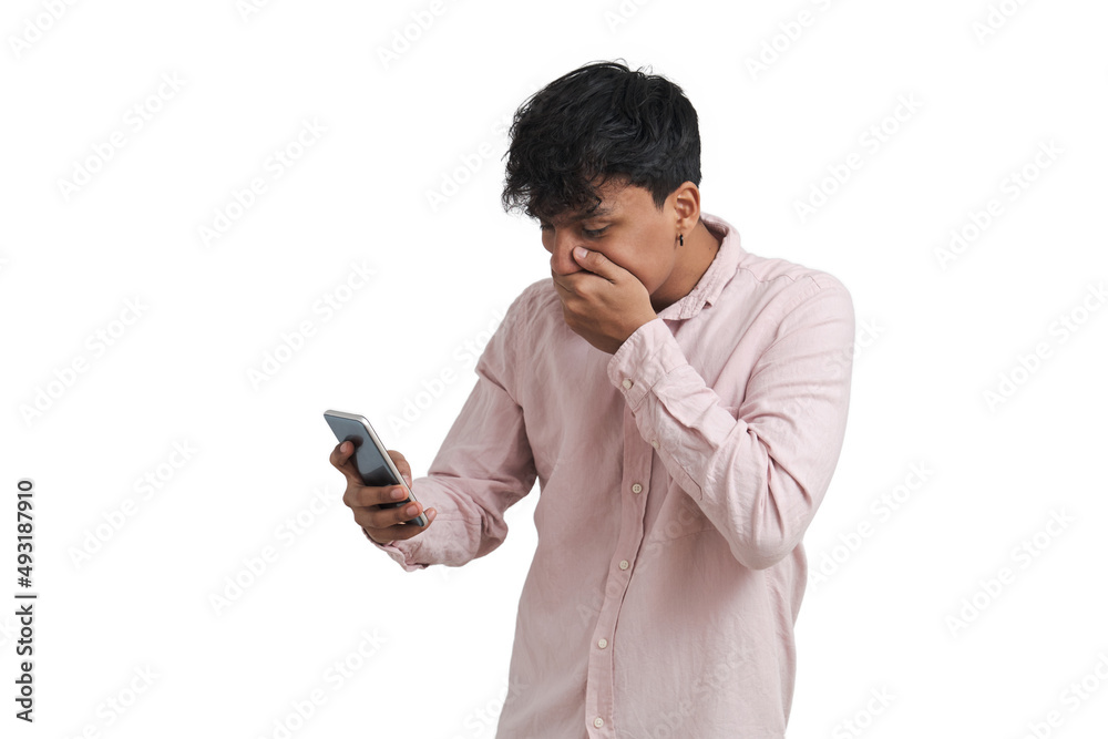 Young peruvian man surprised using the smartphone. Isolated over white background. Young peruvian man surprised using the smartphone. Isolated over white background.
