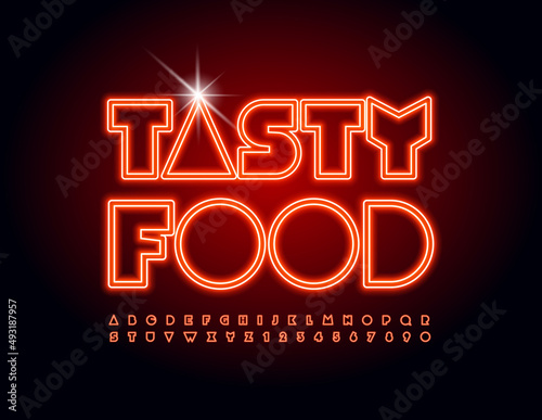 Vector neon logo Tasty Food. Bright abstract Font. Glowing Alphabet Letters and Numbers set