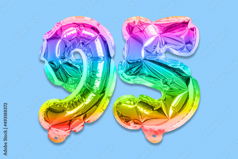 Rainbow foil balloon number, digit ninety five on a blue background. Birthday greeting card with inscription 95. Anniversary concept. Numerical digit. Celebration event, template. Rainbow foil balloon number, digit ninety five on a blue background. Birthday greeting card with inscription 95. Anniversary concept. Numerical digit. Celebration event, template.