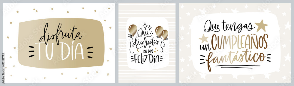 Tarjetas de felicitación de Feliz Cumpleaños de colores dorado, beige y blanco. Plantillas modernos con tipografía, mensajes de  y fondos con confetis, líneas y estrellas.