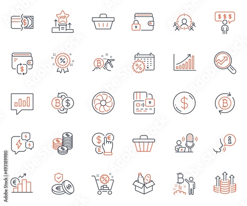 Finance icons set. Included icon as Shop cart, Euro rate and Stress web elements. Fan engine, Bitcoin mining, Coins icons. Analytical chat, Shopping basket, Lock web signs. Vip podium. Vector
