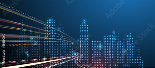Innovative image of futuristic wireless connection network technology buildings and skyscrapers on glowing blue background.