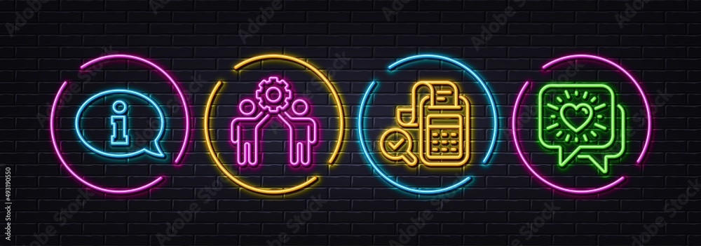 Employees teamwork, Information and Bill accounting minimal line icons. Neon laser 3d lights. Friends chat icons. For web, application, printing. Collaboration, Info center, Audit report. Vector