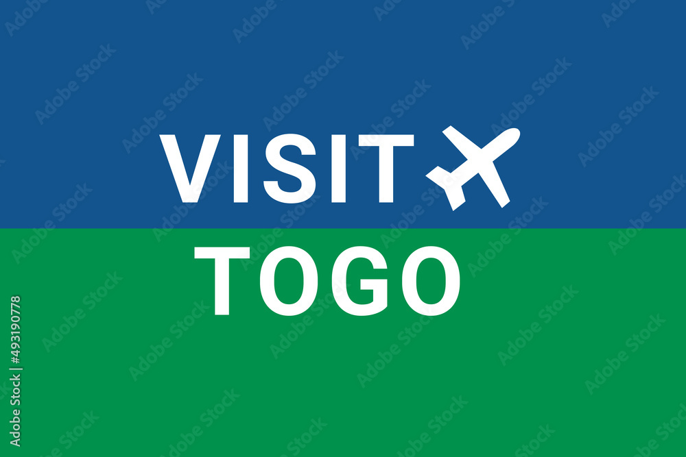 Visit Togo . Visit Logo Togo and plane. Air flight to Lome , capital Togo . Text on blue-green background. Buying air ticket Visit Togo . Visit Logo Togo and plane. Air flight to Lome , capital Togo . Text on blue-green background. Buying air ticket
