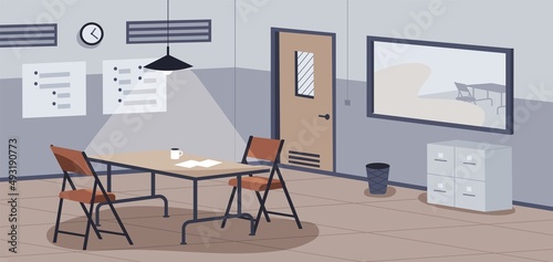 Police interrogation place. Empty secure hard interview room interior with furniture, desk, chairs and lamp. Private safe detective space for questioning, investigation. Flat vector illustration