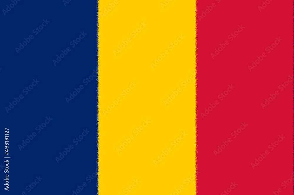 Fototapeta premium Chad flag. CL national banner. Chad patriotism symbol. State banner of capital of N'Djamena . Nation independence CHL. Flag with splatter strokes effect. 2D Image