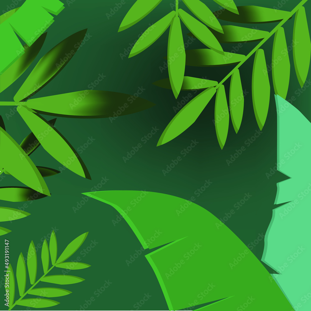 Fototapeta premium Elegant green leaf background. Collection of banana and galangal leaves on an elegant background