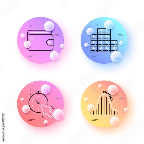Timer, Wallet and Wholesale inventory minimal line icons. 3d spheres or balls buttons. Roller coaster icons. For web, application, printing. Time management, Money budget, Warehouse parcel. Vector