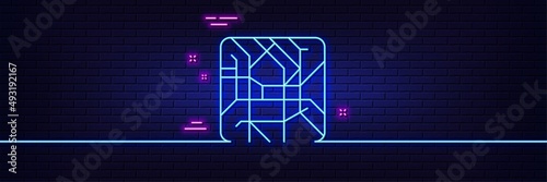 Neon light glow effect. Metro map line icon. Underground subway sign. Transit topological map symbol. 3d line neon glow icon. Brick wall banner. Metro map outline. Vector