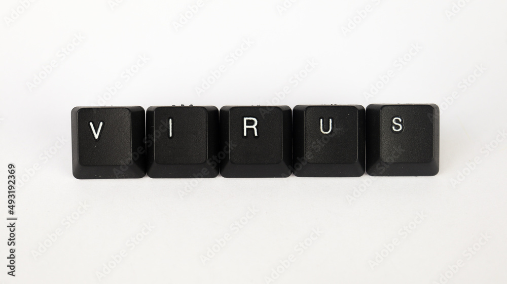 Virus text created with keyboard keys isolated on white background, white virus letters on black keyboard, top view