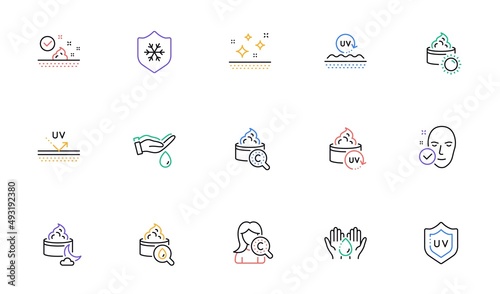 Skin care line icons. Collagen, Cream, Serum oil and Skincare. Face sun lotion gel, Uv protection, vitamin E icons. Face skin care cream protection. Linear set. Bicolor outline web elements. Vector