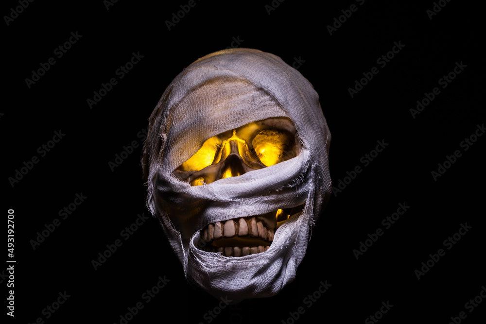Naklejka premium The artificial skull is wrapped in a cloth. Mummy
