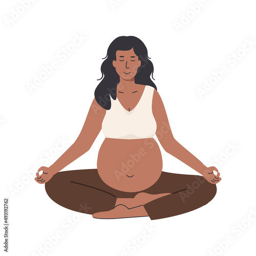Pregnant woman meditating. Prenatal yoga. Woman sitting with legs crossed. Relaxing meditation exercise during pregnancy. Mother character with belly in asana. Flat style vector illustration isolated.