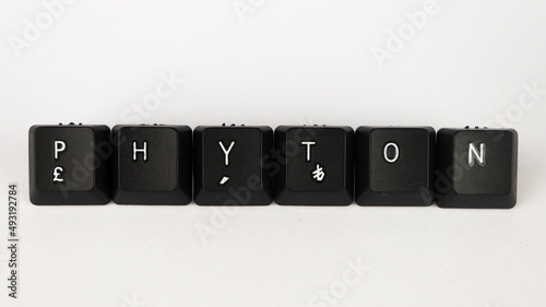 Phyton text created with keyboard keys, isolated on white background, coding terminology